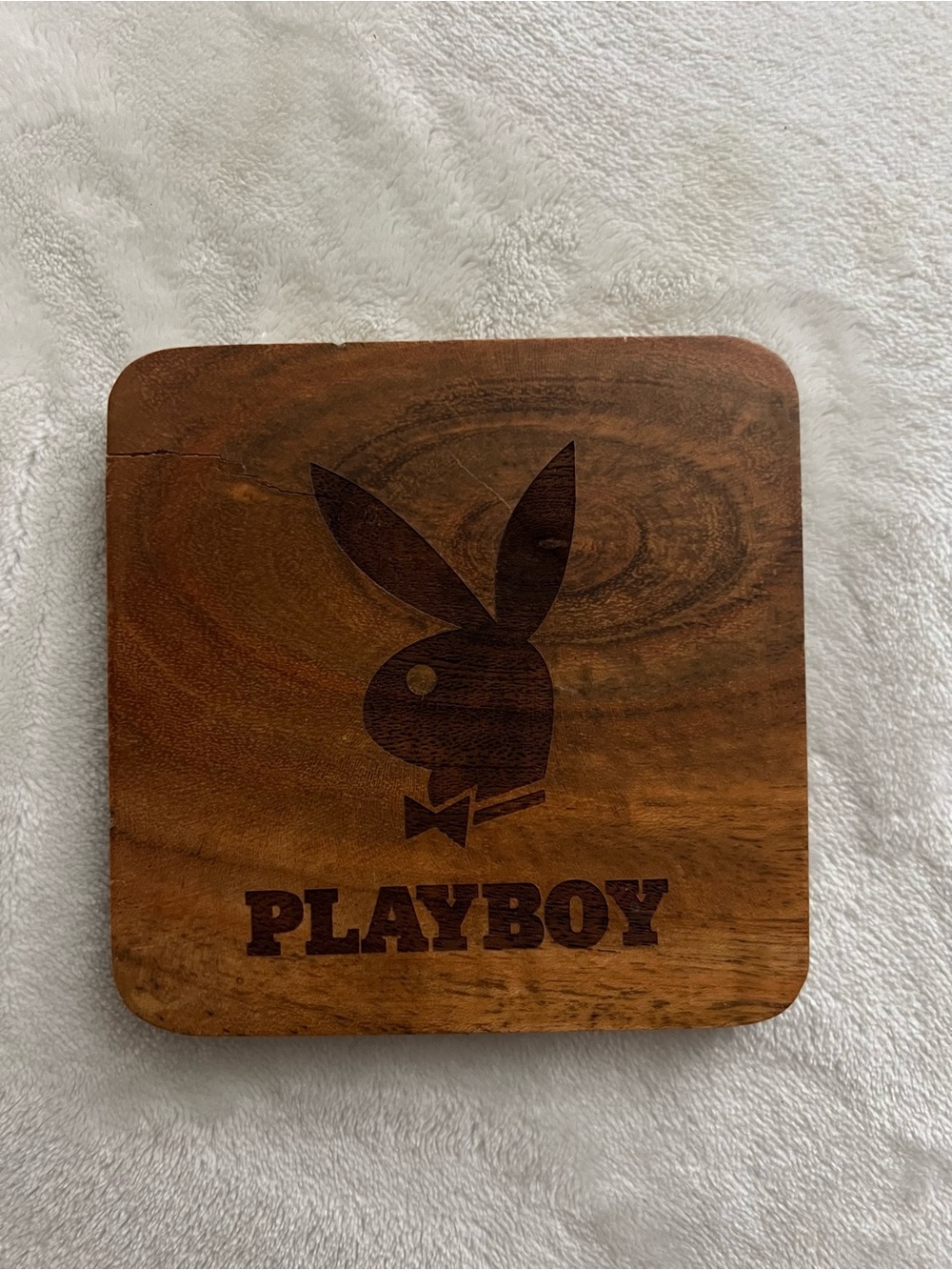 PLAYBOY Wooden Coaster with Dark Logo - Brown Wood (read description)